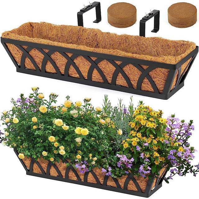WIMART Window Box Railing, 24 Inch Black Metal Hanging Flower Planter Basket with Coco Liner for Outdoor Balcony Porch Fence Patio for Home, Office and Hotel (Black - 2 Pcs/Set)