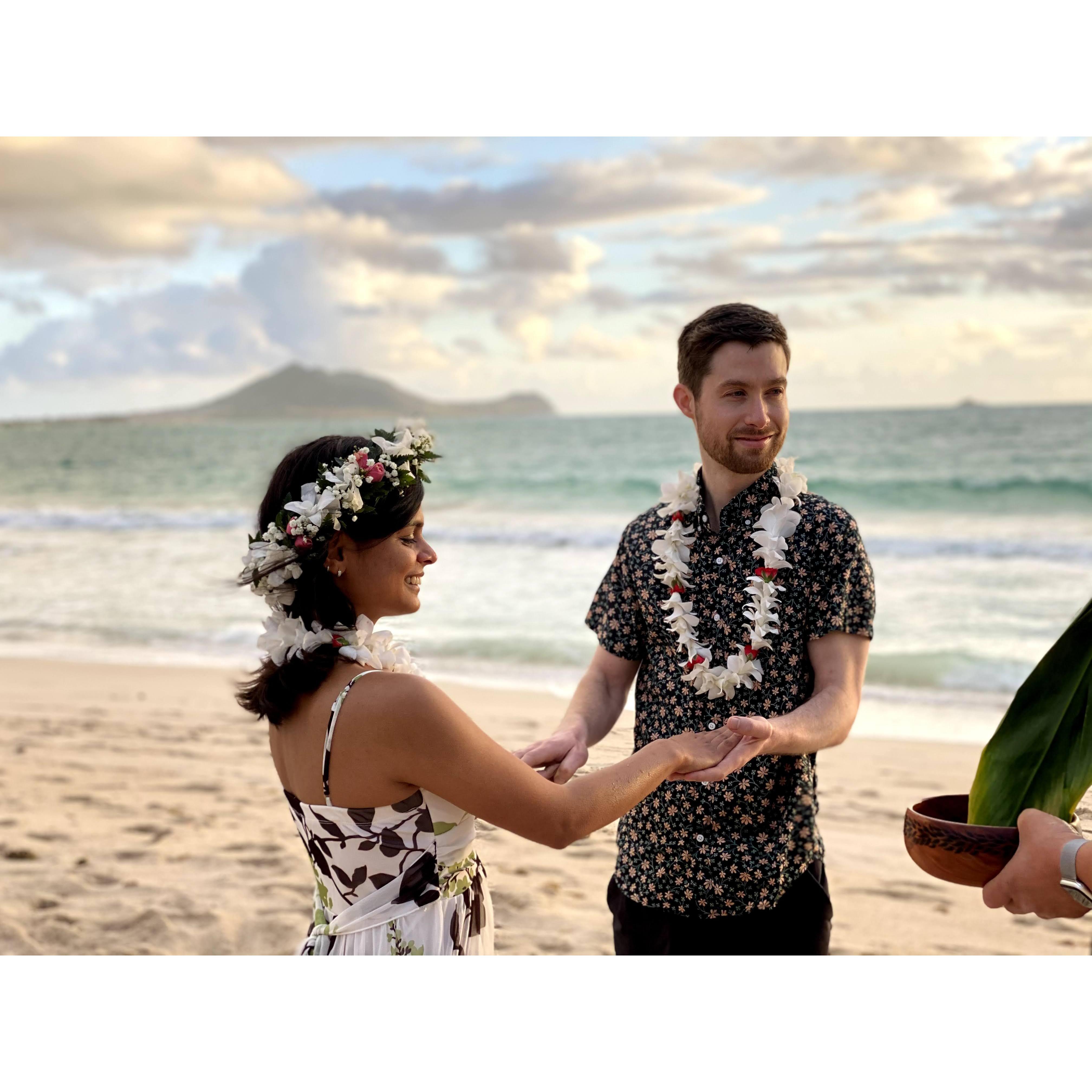 James' uncle led a sunrise prayer for us in Hawaii. We were blessed with a beautiful sunrise, a little drizzle (considered a blessing from ancestors), and a rainbow.