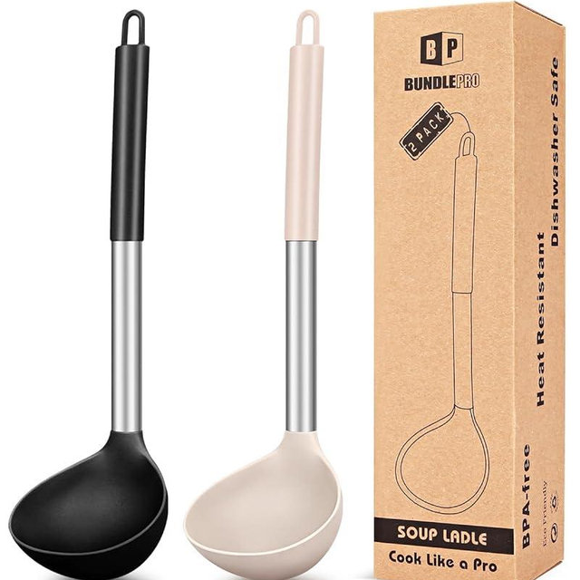 Pack of 2 Ladle Spoon,Silicone Large Spoon for Soup,Non Stick Kitchen Utensils with High Heat Resistant,BPA Free Perfect Kitchen Tools for Cooking, Stirring,Serving Soups (BLACK-KHAKI)