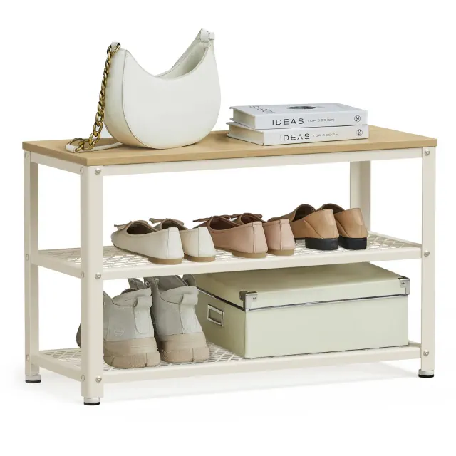 Oak Beige & Classic White 3 - Tier Shoe Rack - Shelf Storage Bench with Metal Mesh Shelves and Seat.11.8 x 28.7 x 17.7 Inches