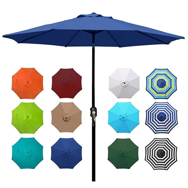Blissun 9' Outdoor Aluminum Patio Umbrella, Striped Patio Umbrella, Market Striped Umbrella with Push Button Tilt and Crank (Navy Blue)
