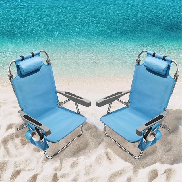 5-Position Aluminum Lay Flat Tall Backpack Beach Chairs Portable, 2 Pack, High Beach Chairs for Adults with Cooler Pouch, Storage Pouch, Towel Bar, Cup Holder & Phone Holder, Blue