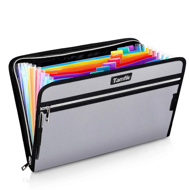 Fireproof Safe Waterproof Accordion File Bag Folder Expanding Filing Folder with 14 Multicolored Pockets, A4 Letter Size, Document Organizer Holder and Color Labels /2 Zipper (Silver 14.3" x 9.8")