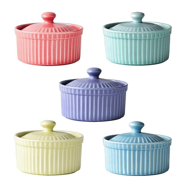 Meltset 5.5 Oz Ramekins with Lids Oven Safe Ceramics Ramekin Bowls for Baking, Porcelain Bake Dishes for Souffle, Creme Brulee, Lava Cake, Ice Cream Desserts, Snacks (Set of 5）