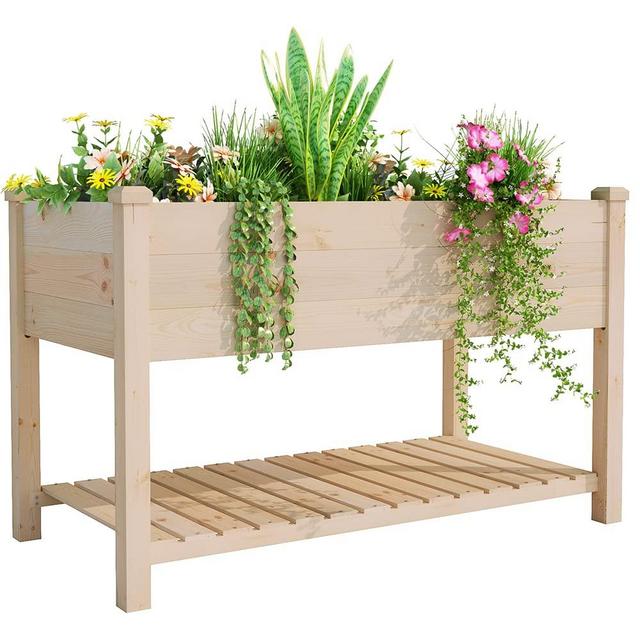 BIRASIL Outdoor Raised Garden Bed, Wood Planter Box with Storage Shelf for Vegetable Flower, Elevated Reinforced Large Garden Planters Boxes for Backyard Patio Gardening Balcony (48.5”L, Natural Wood)