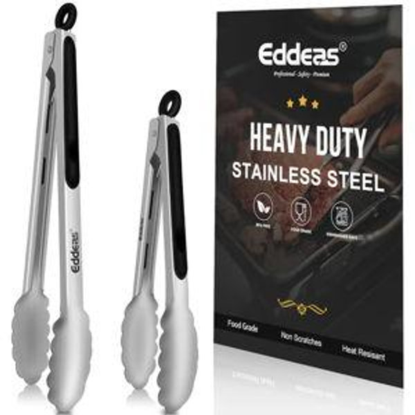 Eddeas Kitchen Tongs - 9" and 12" Tongs for cooking, Heat Resistant 600 Degrees Stainless Steel Metal Tong and Non-Slip Handle - Perfect for Cooking, Salad and BBQ, Set of 2