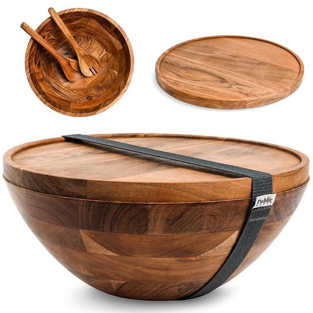 Public House Large Wooden Salad Bowl Set 12.5 Inch with Serving Utensils, Tray Lid and Carry Strap. Acacia Wood Large Salad Bowls Ideal for Fruits and Dishes, Wooden Bowls for Food, Serving Bowl
