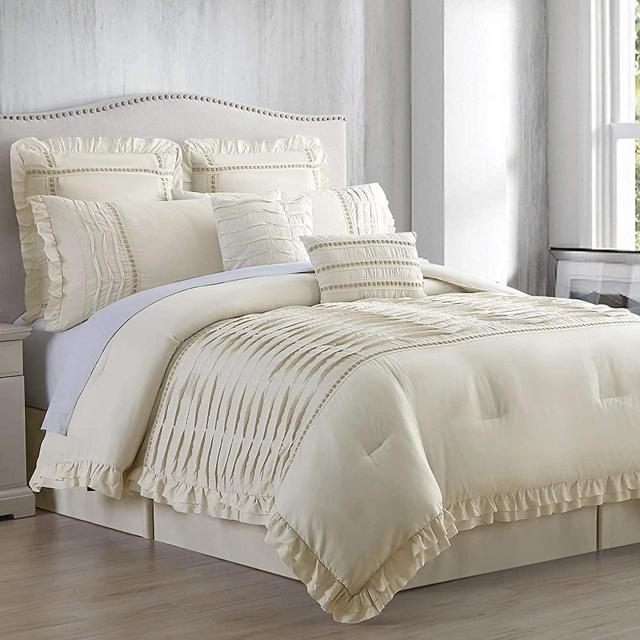 Amrapur Overseas Antonella 8-Piece Pleated Comforter Set, California King, Beige