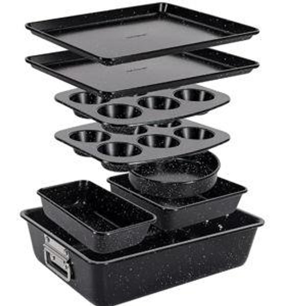 NutriChef 8-Piece Stackable Bakeware Set | Carbon Steel Non-Stick Baking Pan Set | Includes Sheet, Muffin, Round, Loaf, Square Cake & Deep Pans | No PFOA & PFOS | Oven Safe to 450 F (Black Marble)