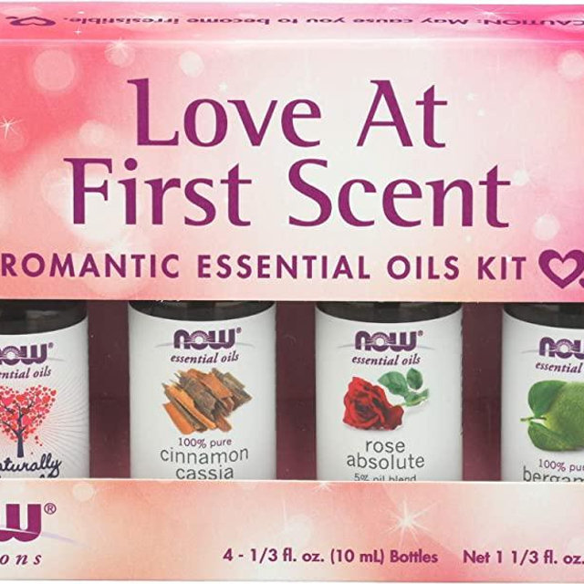 NOW Essential Oils, Love at First Scent Aromatherapy Kit, 4x10ml Including Bergamot, Cinnamon Cassia, Rose Absolute and our Naturally Loveable Essential Oil Blend With Child Resistant Caps