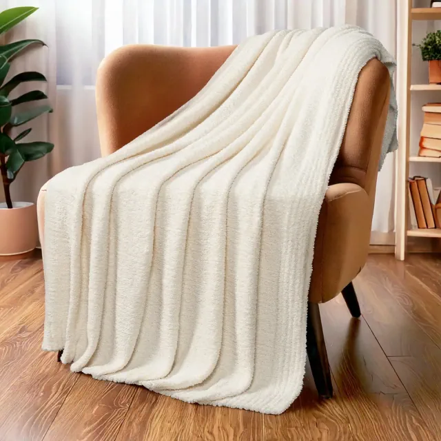 PAVILIA Plush Knit Throw Blanket for Couch Sofa Bed, Super Soft Fluffy Fuzzy Lightweight Warm Cozy All Season, Cream/Throw - 50x60