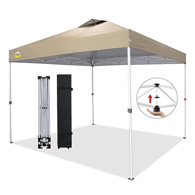 CROWN SHADES 10x10 Pop up Canopy Outside Canopy, Patented One Push Tent Canopy with Wheeled Carry Bag, Bonus 8 Stakes and 4 Ropes, Beige