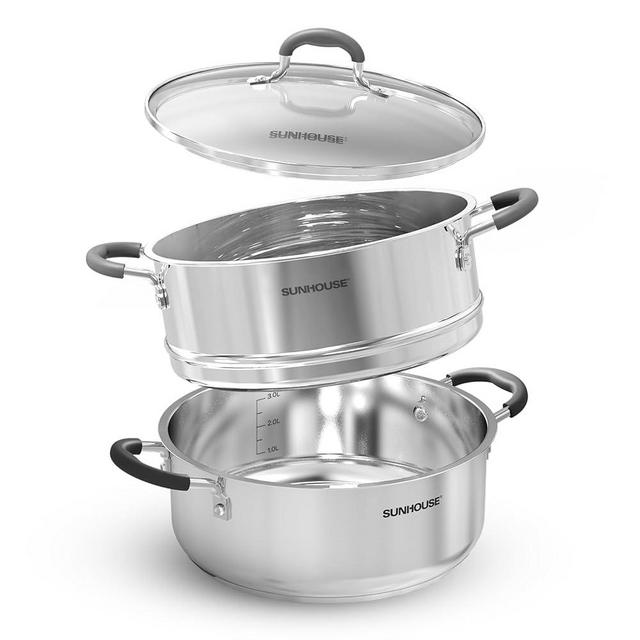 [2024 new version] SUNHOUSE 4.6 Quart Stainless Steel Steamer Pot - Tri-Ply, Non-Stick, Tempered Glass Lid