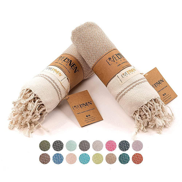 Evelynen Turkish Hand Towels for Bathroom and Kitchen (Set of 2) Decorative Peshtemal Towels for Hand, Face, Tea, Dish, Kitchen and Bath |100% Pure Cotton (Beige)