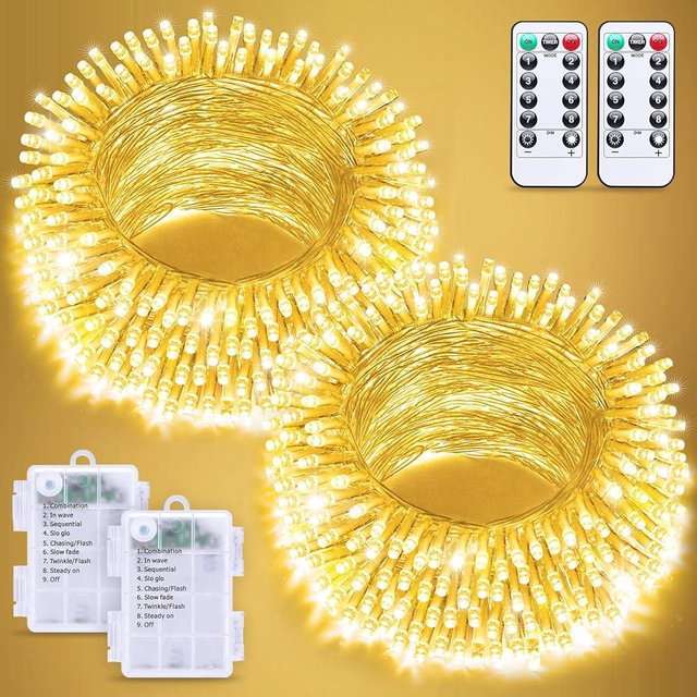 JMEXSUSS 2 Pack Battery Operated Christmas Lights with Remote, Total 66ft 200 LED Battery String Lights Outdoor Indoor, Warm White Twinkle Light for Christmas Tree Bedroom Porch Garland Yard Decor