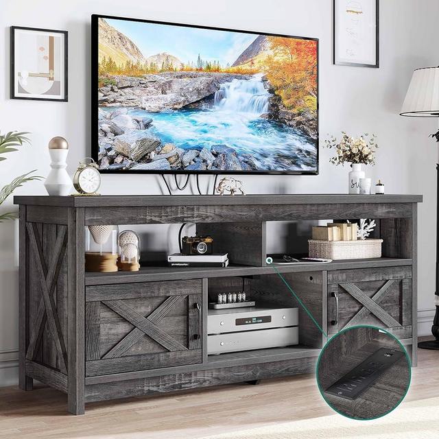 YITAHOME TV Stand for Living Room, Farmhouse Entertainment Center for TVs up to 65 inch with Power Outlet, Rustic TV Cabinet Media Console with Storage Cabinets and Open Shelves, Dark Grey