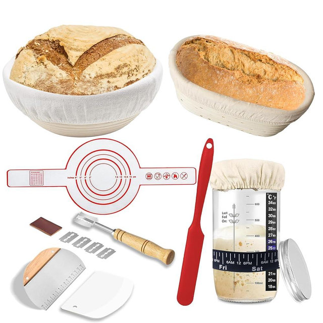 Sourdough Starter Kit,Sourdough Bread Baking Supplies Includes 24OZ Sourdough Starter Jar,2Pcs 9 Inch Round&Oval Banneton Bread Proofing Baskets With Linen Liner,Silicone Baking Mat,Bread Making Kit