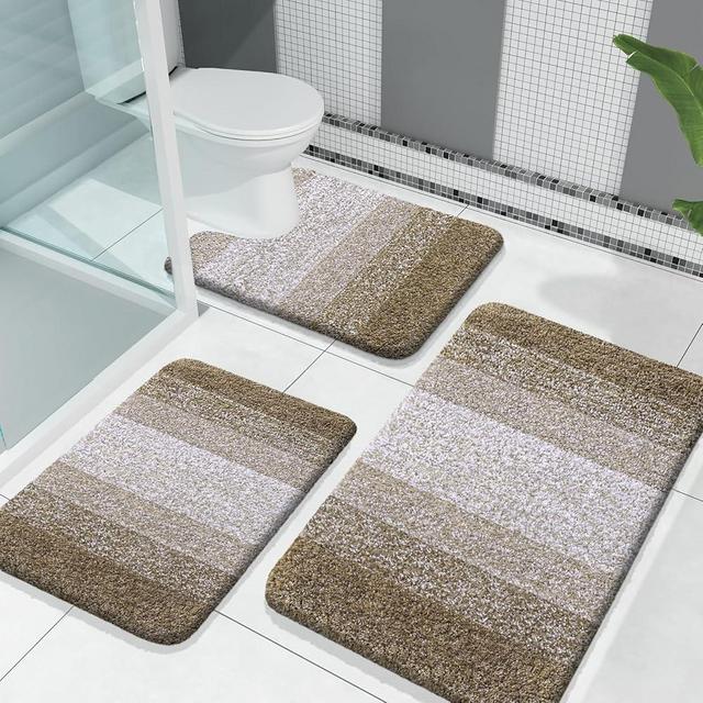 OLANLY Bathroom Rugs Sets 3 Piece, Soft Absorbent Microfiber Bath Mats and U-Shaped Contour Toilet Rug, Plush Shaggy Bath Mat Set for Bathroom (30"x20"+24"x16"+24"x20", Coffe)