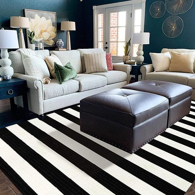 LEEVAN Black and White Striped Area Rug 5' x 7' Indoor Outdoor Rug Washable Woven Farmhouse Fabric Porch Front Outdoor Rug for Living Room Large Cotton Floor Carpet