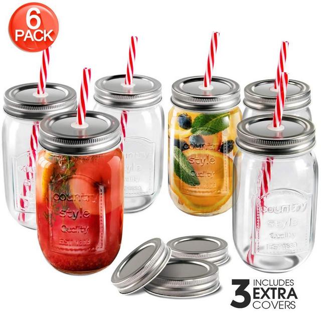 Mastertop 6 Pcs 16oZ Mason Drinking Jars with Lids 100% Recycled Glass Bottles and Drinking Straws with 3 Extra Free Sealing Lid