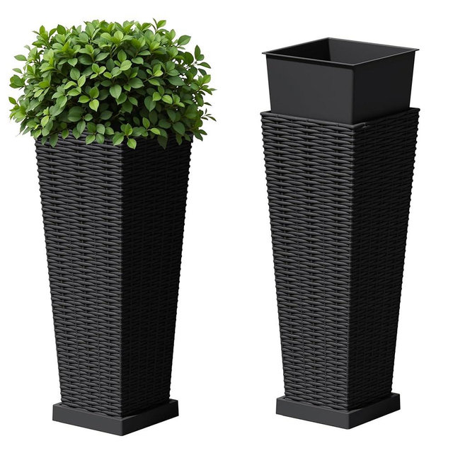Devoko Resin Tall Planters with Tray for Outdoor Plants Set of 2, Large Taper Outdoor Planter Pots with 4 Drainage Holes, Flower Pots Modern Decor for Porch, Patio, Backyard, Garden(Black, 24")