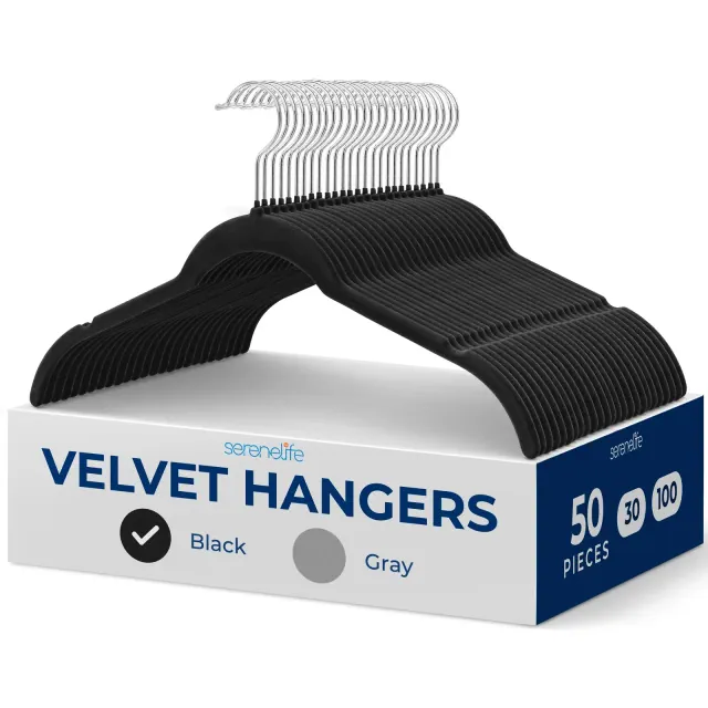 SereneLife 50-Piece Velvet Shirt Hangers - Non-Slip, Heavy Duty Coat Set with 360° Swivel Hook, Space Saving
