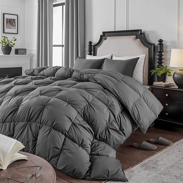 KAKABELL Pinch Pleat Goose Down Feathers Comforter Cal King Size All Season-Ultra Soft and Cozy Noiseless Duvet Insert with 100% Egyptian Cotton Cover,Fluffy Warm Comforter Insert(Grey,98"X108")