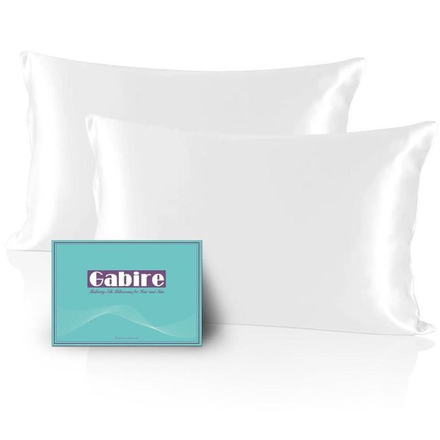 Gabire Mulberry Silk Pillow Cases Set of 2, Both Sides Real Silk Pillow Cover for Hair and Skin Prevent Acne Pillowcase Organic Silk Pillowcase 2 Pack with Hidden Zipper, White, Queen (20"×30")