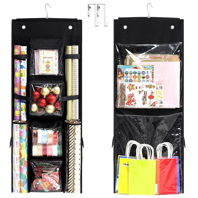 Hanging Gift Wrapping Paper Storage, 40x16 inch Double-Sided Gift Wrap Organizer Christmas Wrapper Paper Container, Craft Roll Organizer Behind The Door Storage Haevy Duty Oxford Gift Bag Holder