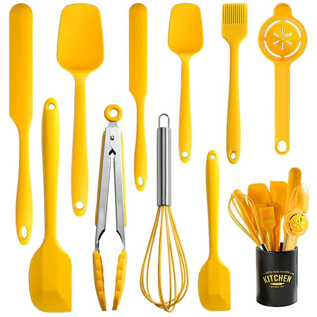 Silicone Spatula Set of 11 Kitchen Utensils with Iron Holder for Baking, Cooking, and Mixing,Cooking Spatulas Nonstick Cookware，Seamless and Flexible,Dishwasher Safe (Yellow)