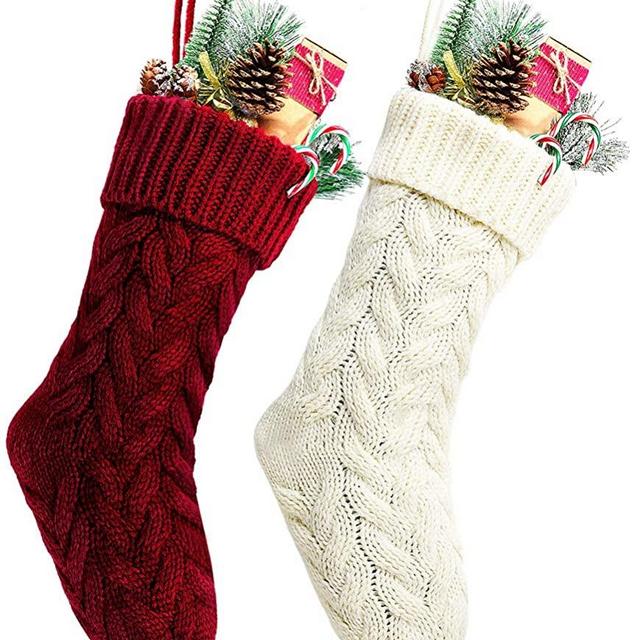 Kunyida Pack 2,18" Unique Burgundy and Ivory White Knit Christmas Stockings Style3