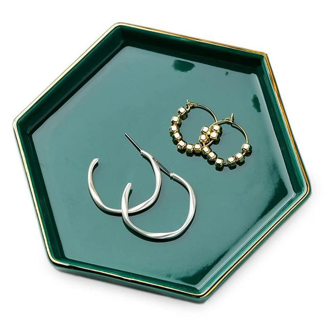 Jewelry Holder Ring Dish Ceramic Jewelry Organizer Tray Trinket Dish, 4.5 Inches Ceramic Ring Holder for Rings, Earrings, Necklaces, Hexagon Key Tray Home Decor, Gift for Women, Dark Green