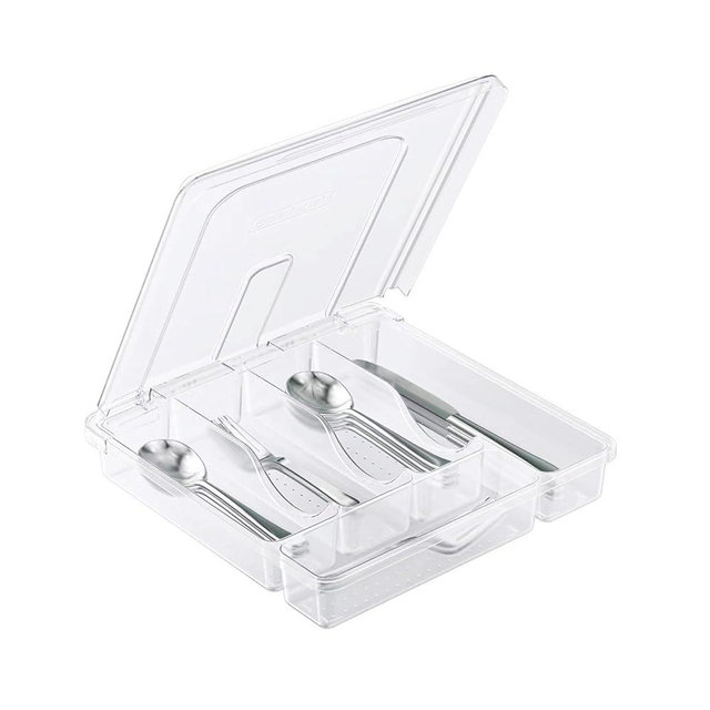 YICOCHI Utensil Holder for Countertop with Lid, Plastic Silverware Tray for Drawer, 5 Compartments Flatware Organizer,Transparent