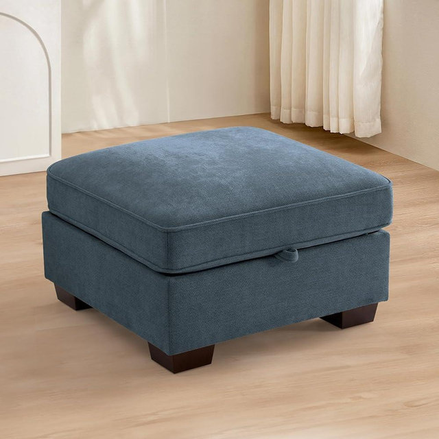 TEKAMON 27.5" Storage Ottoman, Square Footrest with Sponge Padded Seat, Chenille Fabric Step Stool for Sofa, Bedroom, Living Room, Entryway, Modern Change Shoes Stool, Wood Legs, (Blue)