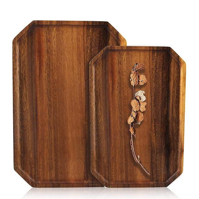 2 Pcs Handmade Wooden Serving Platter Acacia Wood Tray Decorative Plates Fruit Tray Salad Dish Rectangle Bread Platter Bar Tea Tray
