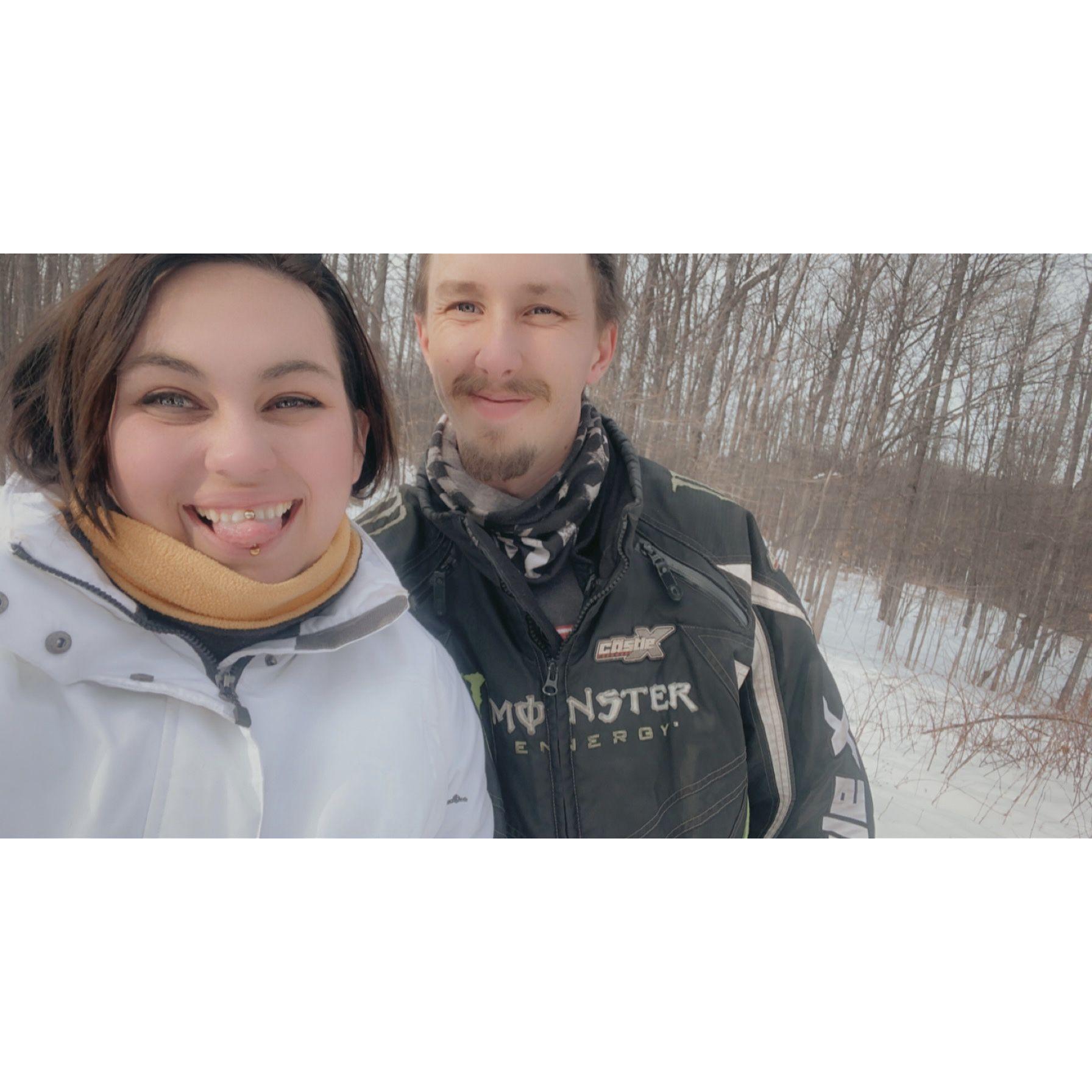 Our first trip up north- and the first time he got me onto a snowmobile