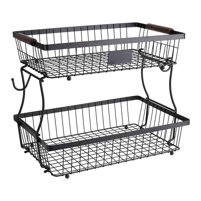 2-Tier Stackable Wire Basket with 2 Banana Hooks, Pantry Organizer for Kitchen Countertops, Cabinets & Under-Sink Spaces; Ideal for Storing Snacks, Fruits, Veggies, Onions, Potatoes, & More,Black