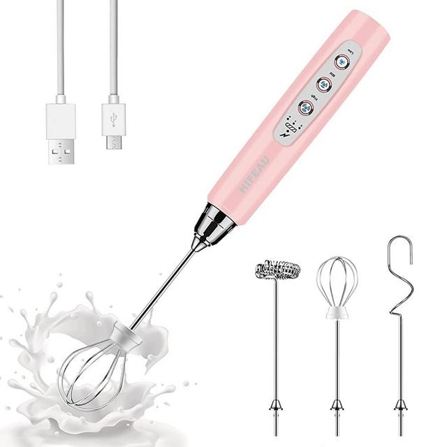 Milk Frother Handheld with 3 Heads, Coffee Whisk Foam Mixer with USB Rechargeable 3 Speeds, Electric Mini Hand Blender for Latte, Cappuccino, Hot Chocolate, Egg - Pink
