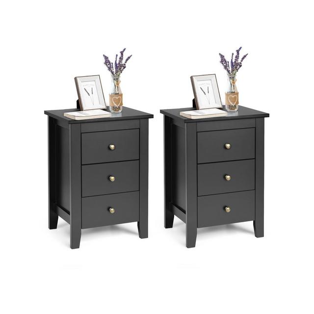 Costway Set of 2 Nightstand End Beside Sofa Table w/ 3 Drawers Bedroom Furniture Black