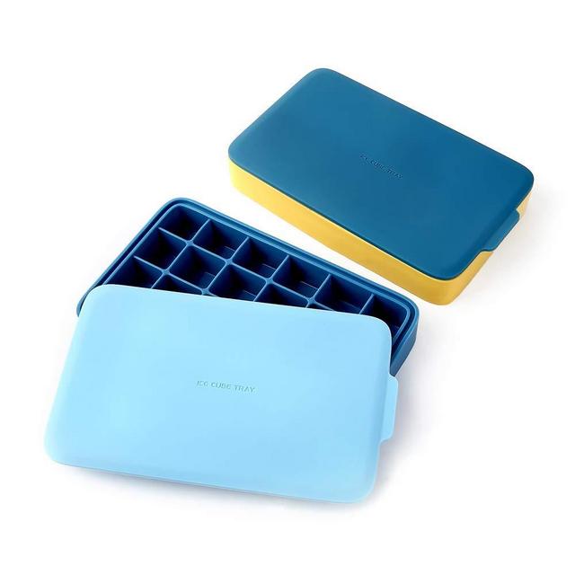 SOULCHEF 2 PACK Silicone Ice Cube Tray, 24 Ice Molds Easy-Release Flexible Ice Maker with Removable Lid, for Whiskey Wine Cocktails Juice Soups - Blue & Yellow, Christmas Gifts
