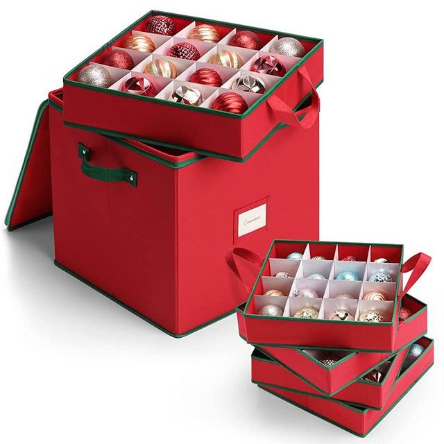 Christmas Ornament Storage Box Holiday Decoration Organizer, MaidMAX Christmas Ball Accessories Holder with Adjustable Dividers, Zippered Closure, 4 Removable Trays, 600D Oxford, 12.9 x 12.9 x 13.5"