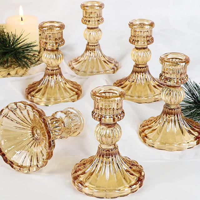Simeitol Taper Candle Holder Set of 6, Glass Taper Candle Holder, Candle Stand, Gold Candle Holder for Valentine's Day, Wedding, Front Windows, Birthday, Candlelight Dinners