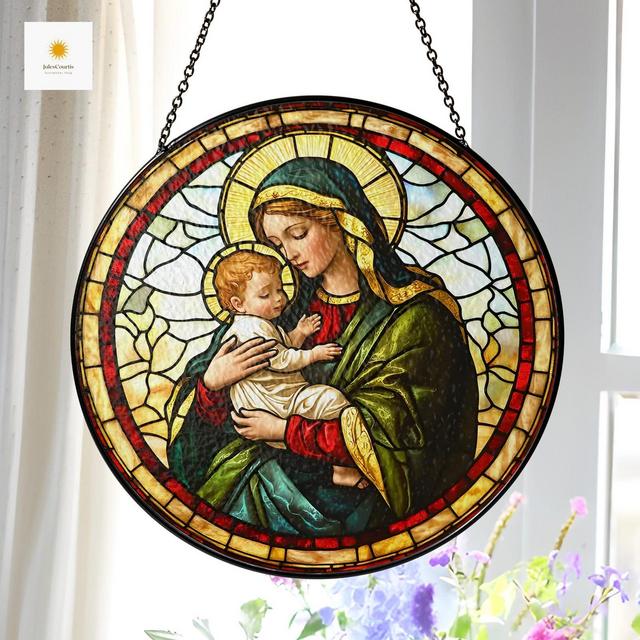 Virgin Mary and Baby Jesus Suncatcher | Catholic Mother’s Day Gift | Religious Glass Window Hanging | Christian Home Decor | Faithful Gift