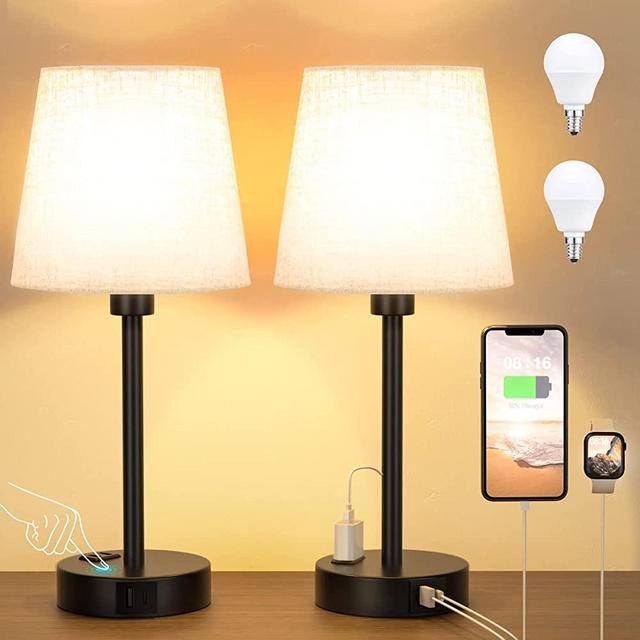 Mini Lamps for Bedrooms Set of 2 - Bedside Nightstand Bedroom Lamps with USB C Port and AC Outlet Charging, 3 Way Dimmable Touch Small Bed Side Table Lamp, Black Night Stand Light for Kids/Guest Room