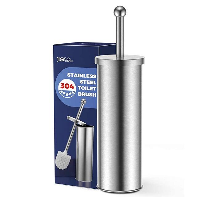 JIGA Toilet Brush and Holder, Stainless Steel Toilet Bowl Cleaner, Bathroom Toilet Bowl Scrubber Brush with Stiff Bristles for Deep Cleaning (Silver)