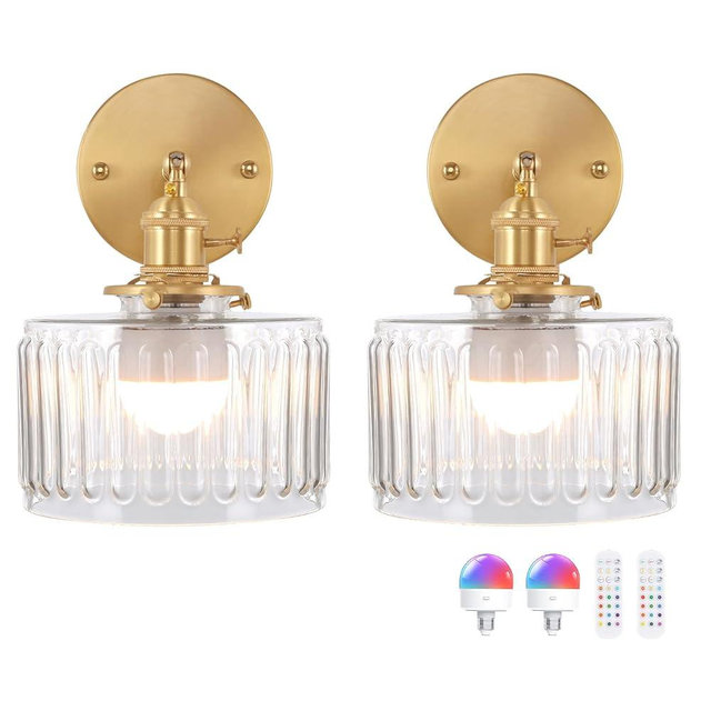 Shenmoyl Vintage Battery Operated Wall Sconce with Clear Striped Glass Lampshade 5000 mAh Rechargeable Battery Powered Wall Light with Remote Control for Bedside Bedroom Doorway, Set of 2