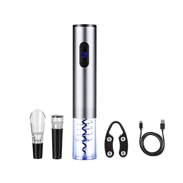 Electric Wine Opener with Foil Cutter, Wine Pourer, Vacuum Stopper, USB C Charging Cable, Perfect Wine Gifts Set (Silver)
