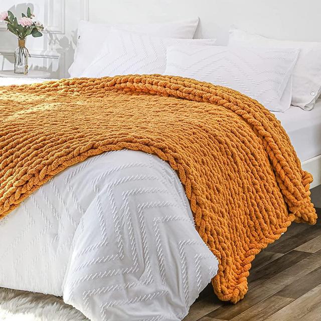 Chunky Knit Blanket Throw 51x63, Soft Chenille Burnt Orange Throw Blankets, Large Knit Throw Blanket Chunky Yarn, Thick Cable Knitted Throw Blanket, Crochet Christmas Throw Blanket for Couch Bed Sofa