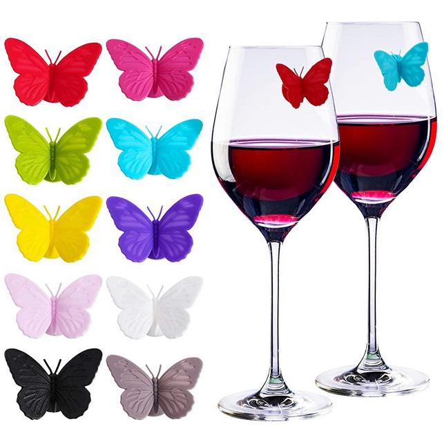 20 Pieces Silicone Drink Markers Wine Glass Markers Wine Charms Multi colored Butterfly Tags Wine Glass Identifier for Bar Party Family Drink Charms Multi,Dinner Partie