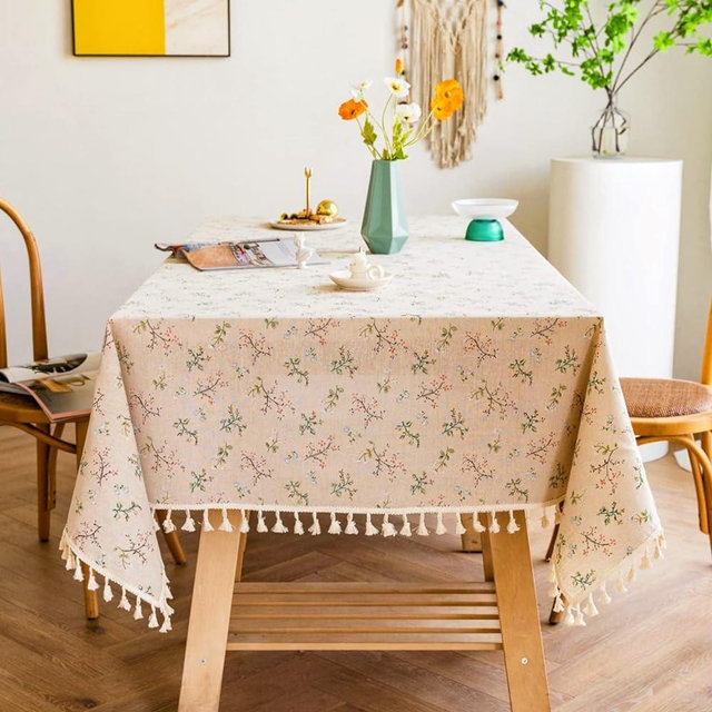 YUURAIN VUVU Vintage Various Plant Pattern Cotton Linen Fabric, Stitching Tassel Square Tablecloth for Kitchen | Dining | Tabletop | Decoration | Tea Party | Weddings | Farmhouse (55x55 Inches)